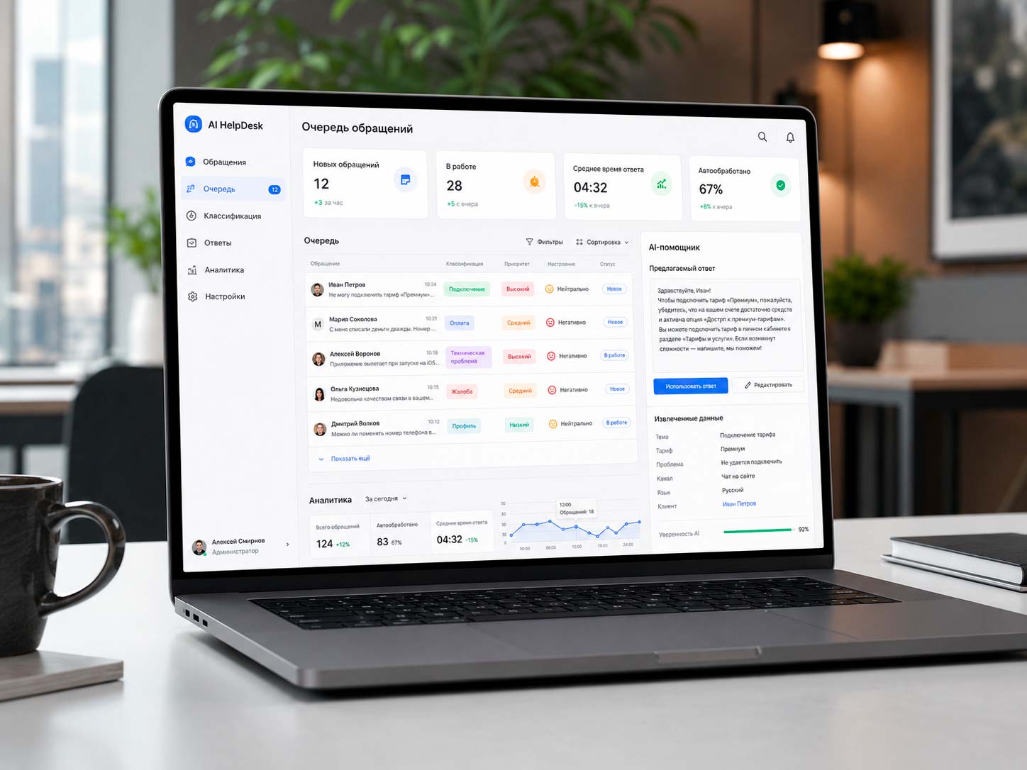Интерфейс AI-инструмента для очереди обращений